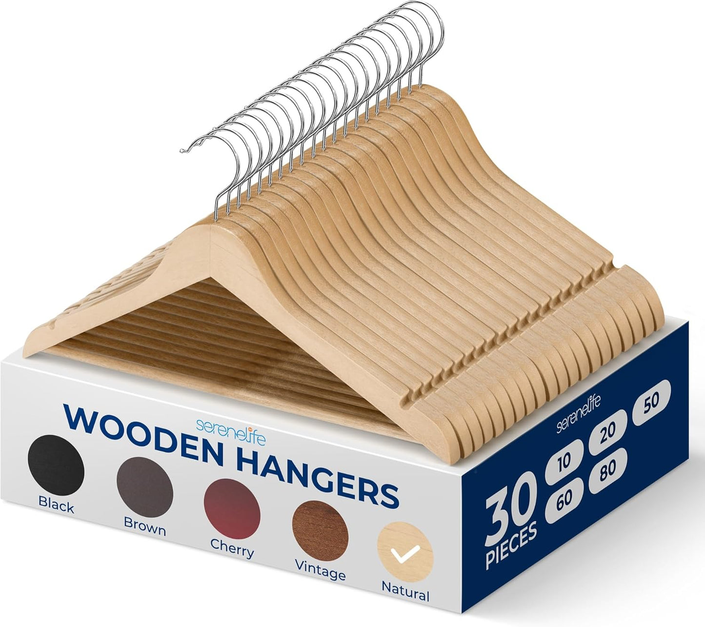 SereneLife 30-Pack Heavy Duty Wooden Hangers for Clothes
