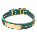 Handmade Studded Bridle Leather Dog Collar Teal Green - Solid Brass