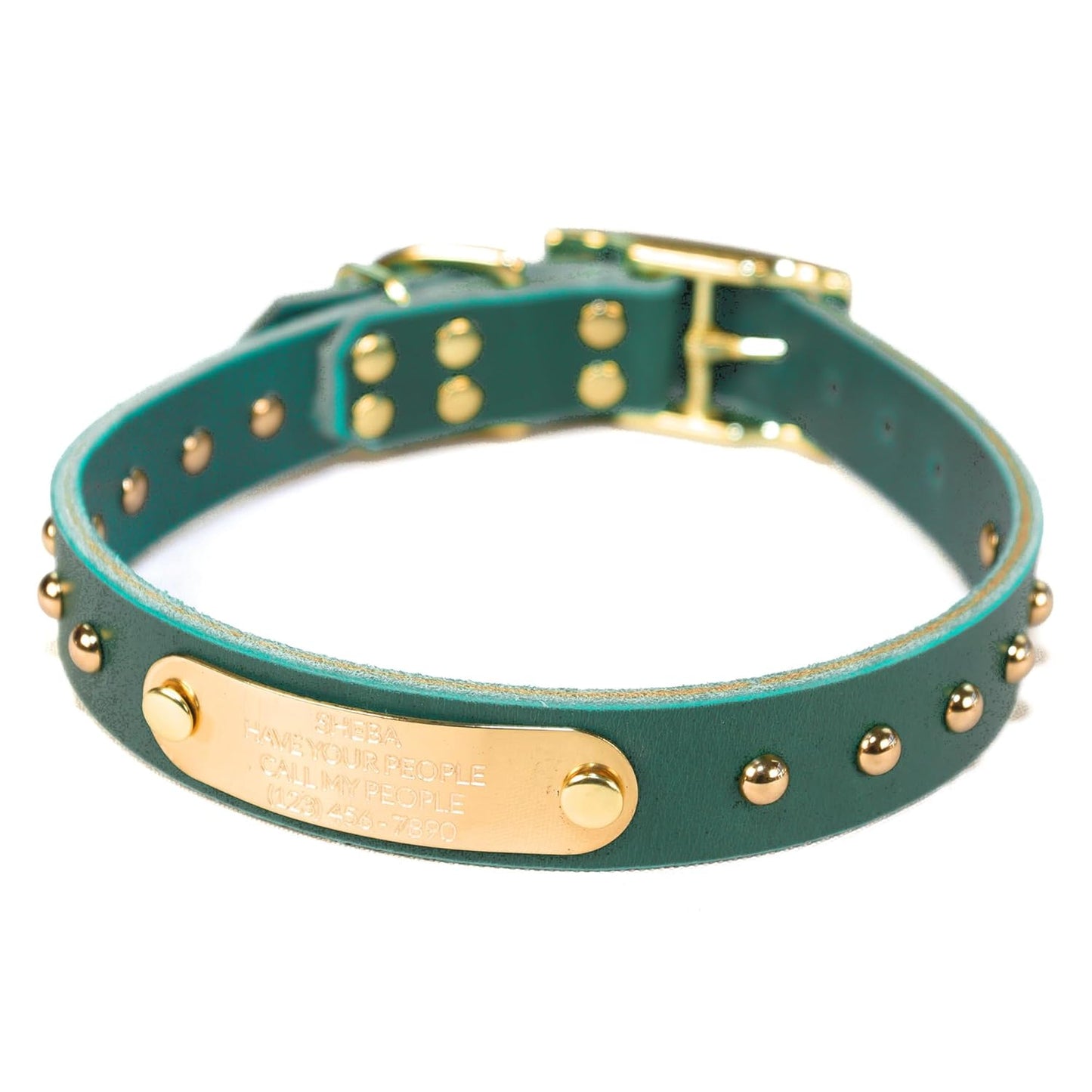 Handmade Studded Bridle Leather Dog Collar with Brass Nameplate