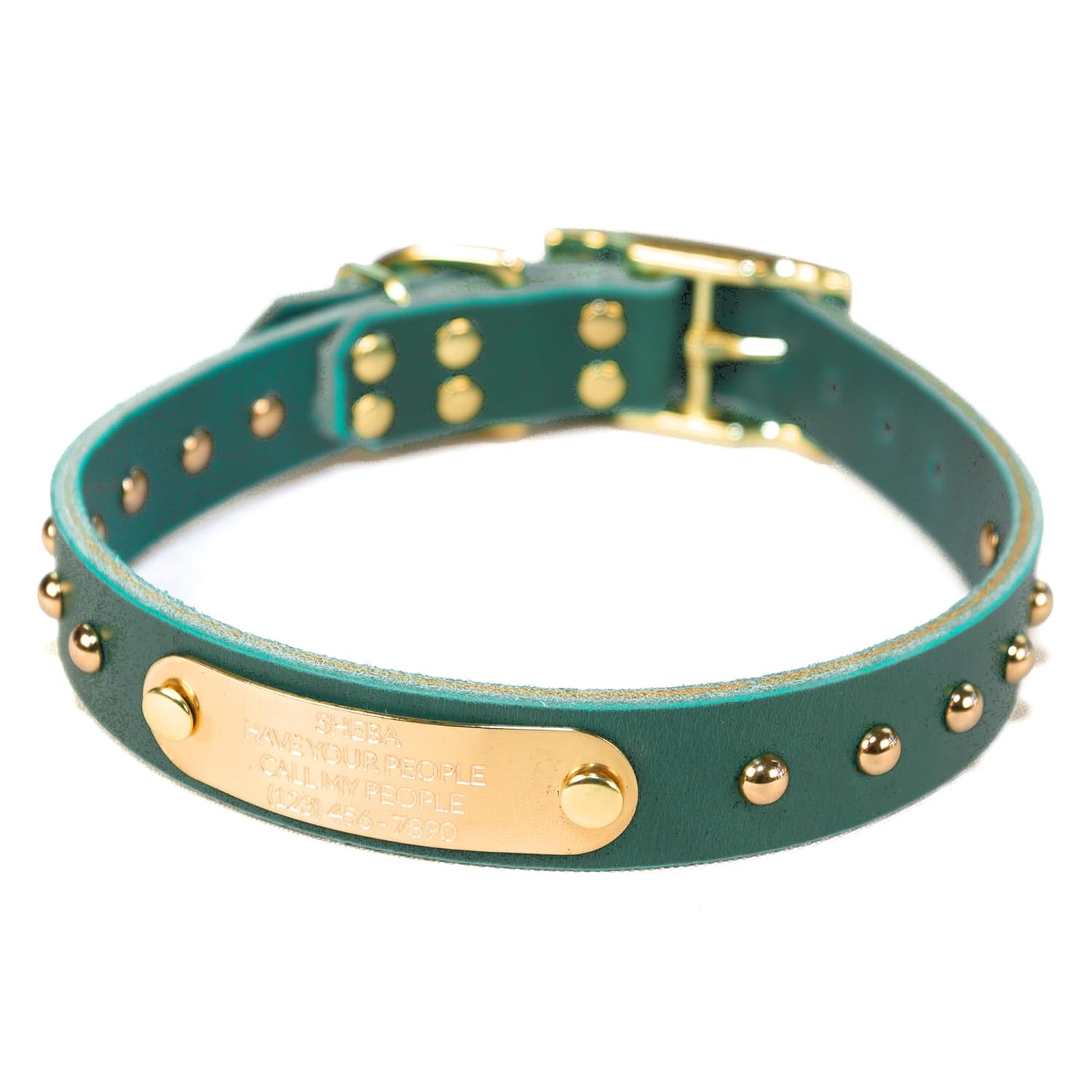 Handmade Studded Bridle Leather Dog Collar with Brass Nameplate