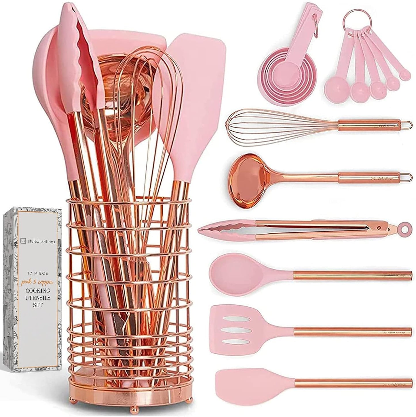 Stylish Copper and Pink Kitchen Utensils Set for Cooking