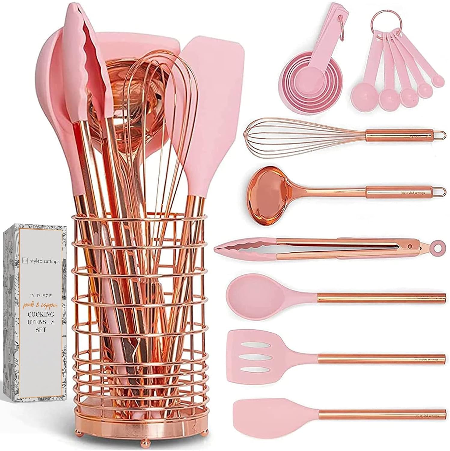 Stylish Copper and Pink Kitchen Utensils Set for Cooking
