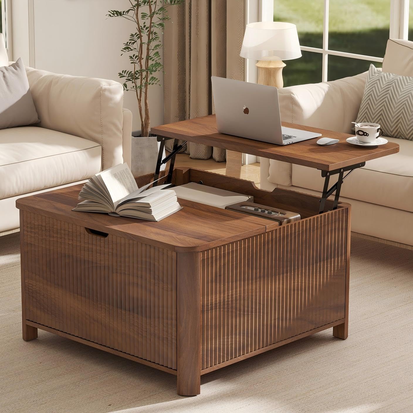 Fluted Lift Top Coffee Table with Storage for Living Room