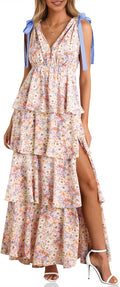 Womens Summer Floral Maxi Dress with High Slit - Boho Ruffle Tiered