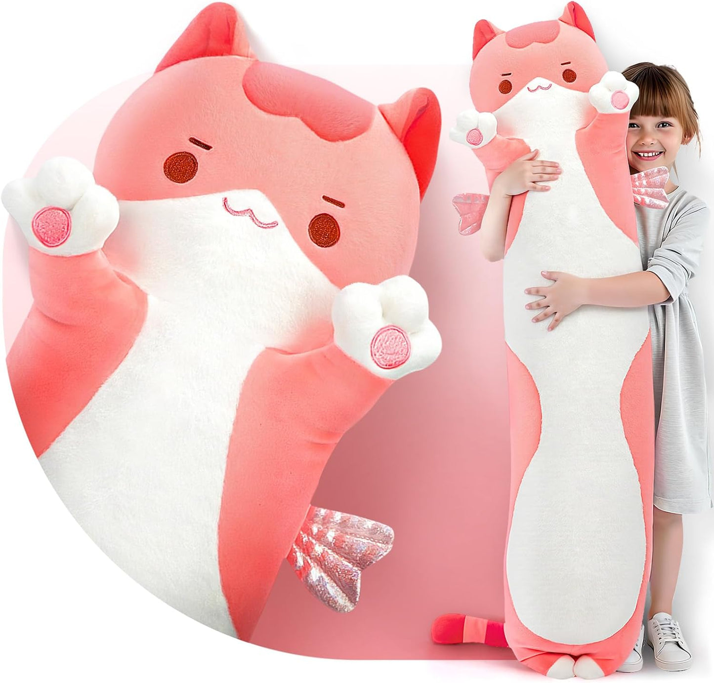 Long Cat Plush Body Pillow - Cute Pink Cat Plushies for Kids