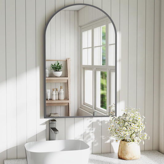 DUMOS Black Metal Arch Vanity Mirror for Modern Bathroom Decor