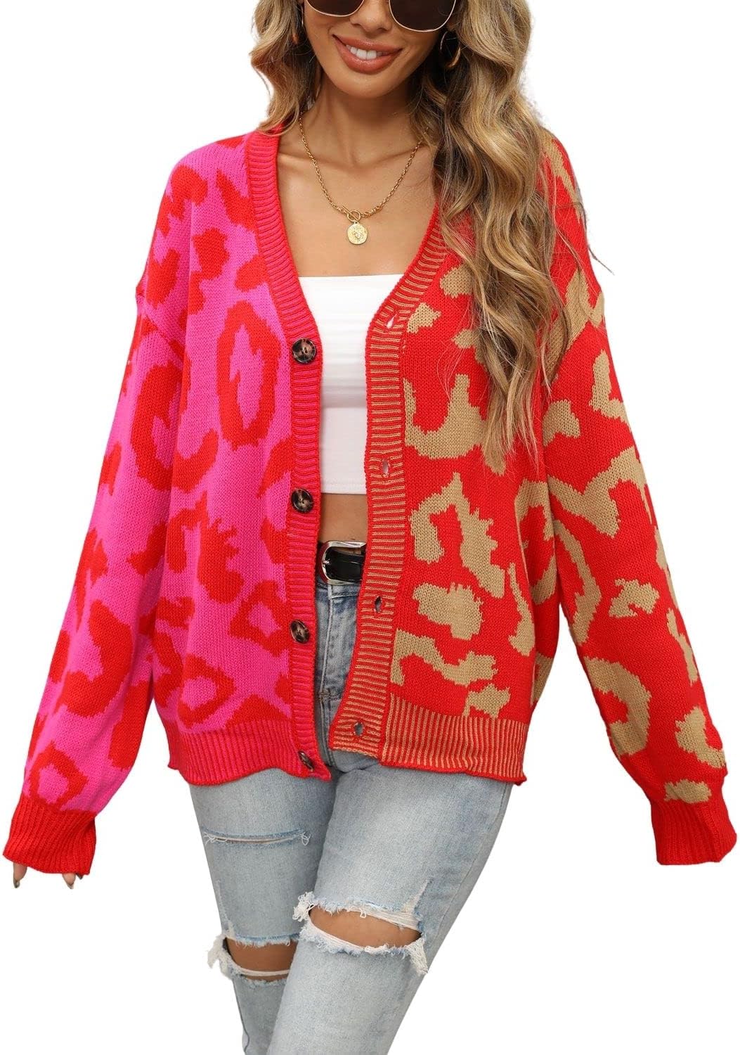 Chouyatou Women's Color Block Leopard Print Cardigan Sweater