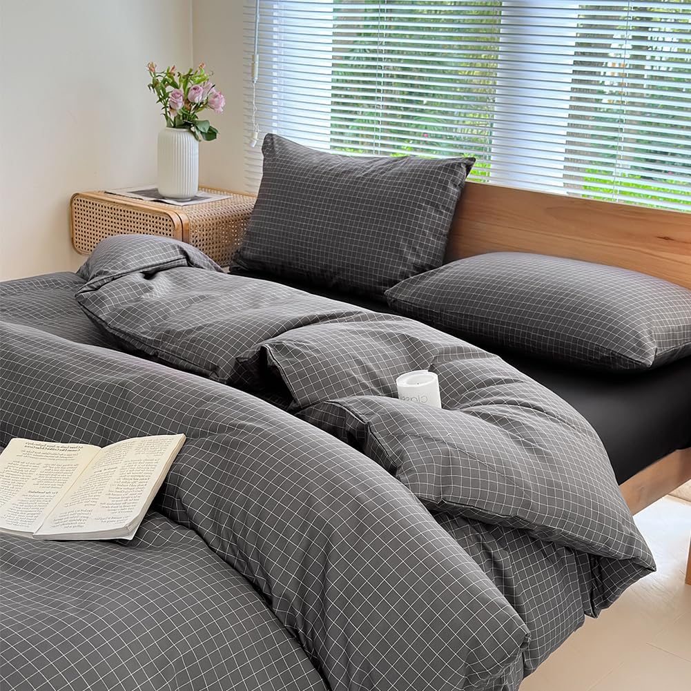NSNLGSGC Gray Plaid Duvet Cover Set Queen for Cozy Nights