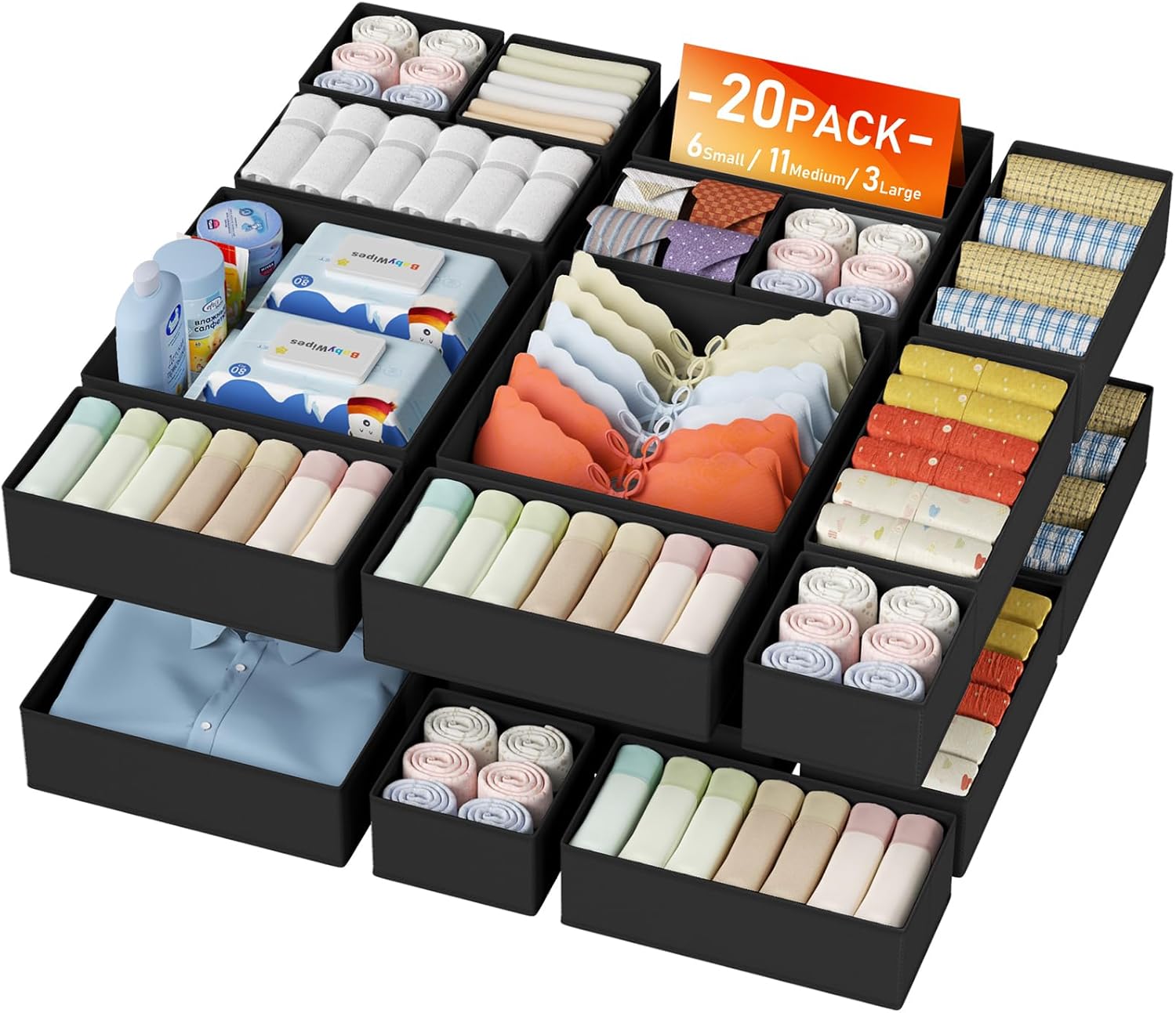 DIMJ Drawer Organizer for Clothes Storage - 20 Pack Baby Bins