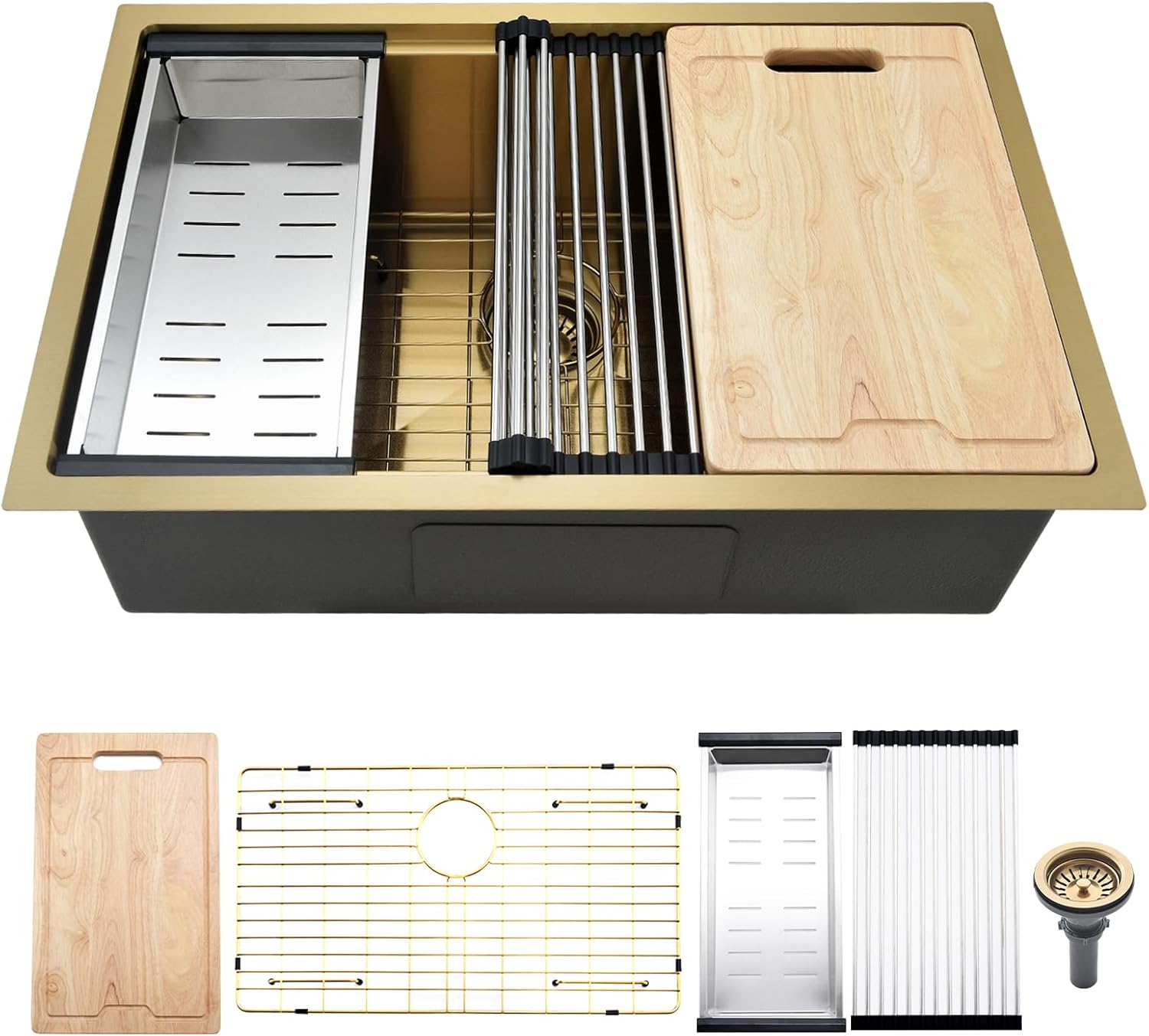 30 Inch Undermount Kitchen Sink Gold Stainless Steel Workstation
