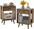 Nightstand Set of 2 with Fabric Drawers and Open Shelves - Dark Rustic