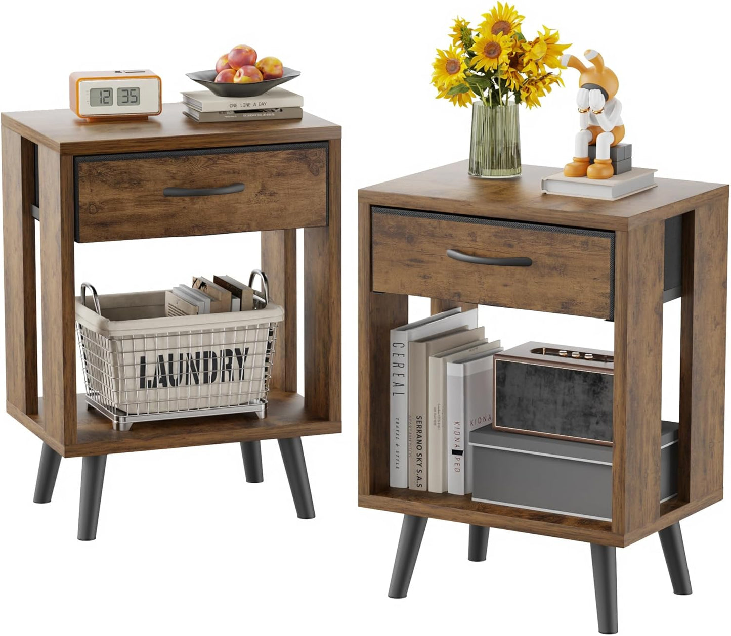 Nightstand Set of 2 with Fabric Drawers and Open Shelves