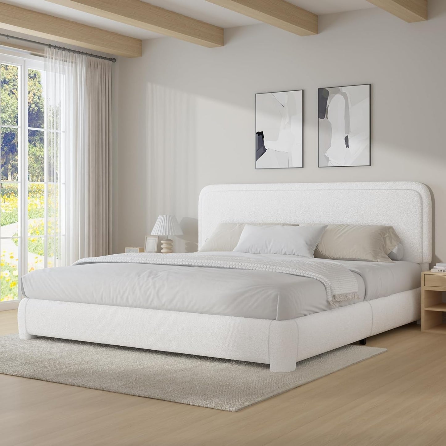 Boucle Upholstered Bed Frame King Size with Soft Rounded Corners