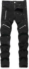 AITITIA Men's Biker Zipper Deco Washed Straight Fit Jeans - Stylish US