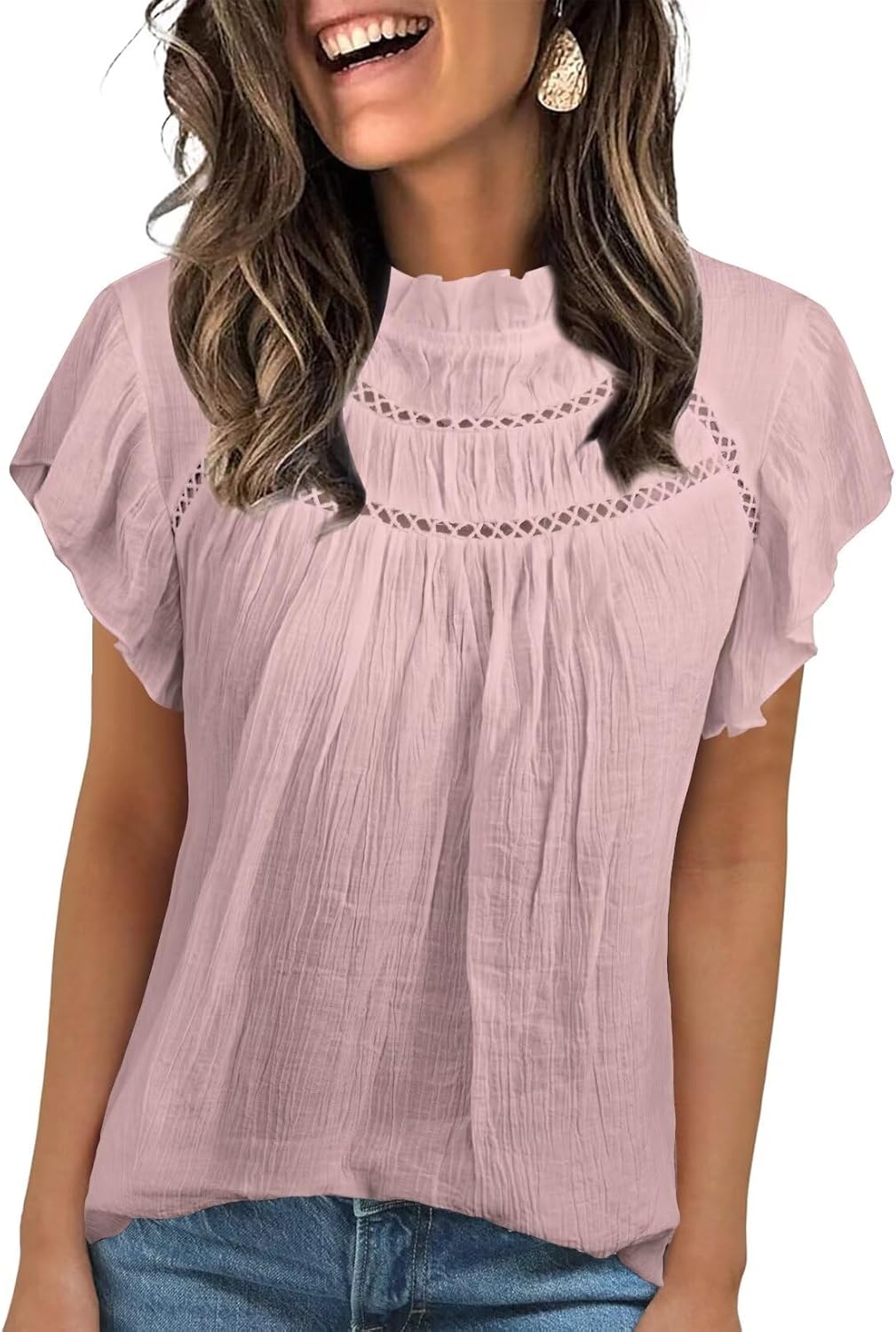 Trendy Ruffle Sleeves Mock Neck Blouses for Women Summer 2025