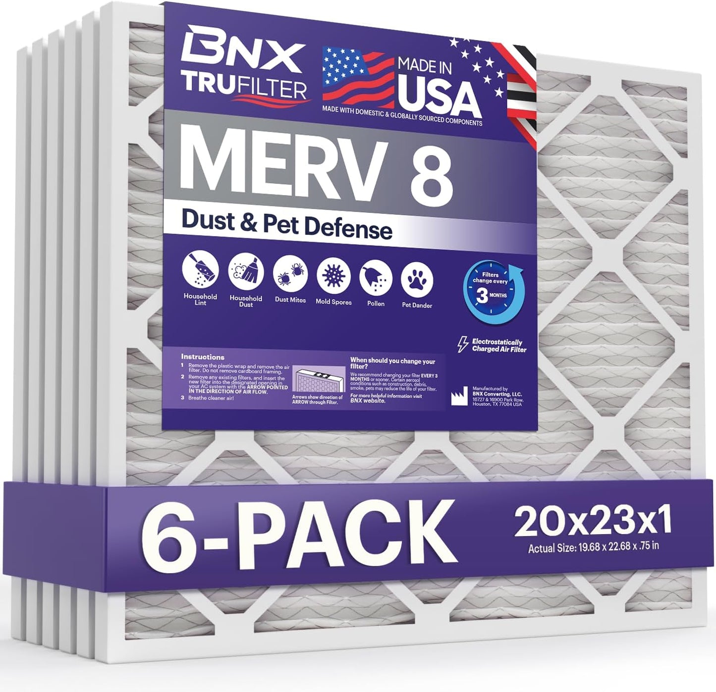 BNX TruFilter 20x23x1 Air Filter MERV 8 for Cleaner Air