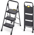 KINGRACK 3 Step Ladder - Sturdy Steel Step Stool with Handrail