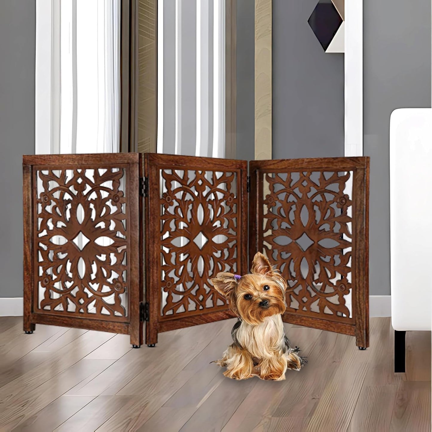 Lightnpro Wooden Pet Gate - Foldable Carved Dog Gate for Safety