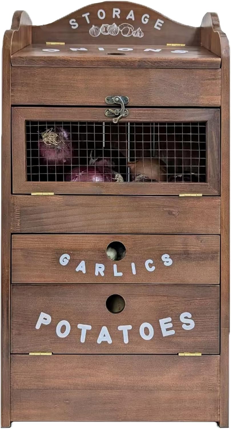 ARTAWEIN Pine Wood Veggie Bin for Potatoes, Onions, Garlic