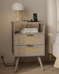 Rattan Nightstand with Charging Station and Drawers - Farmhouse