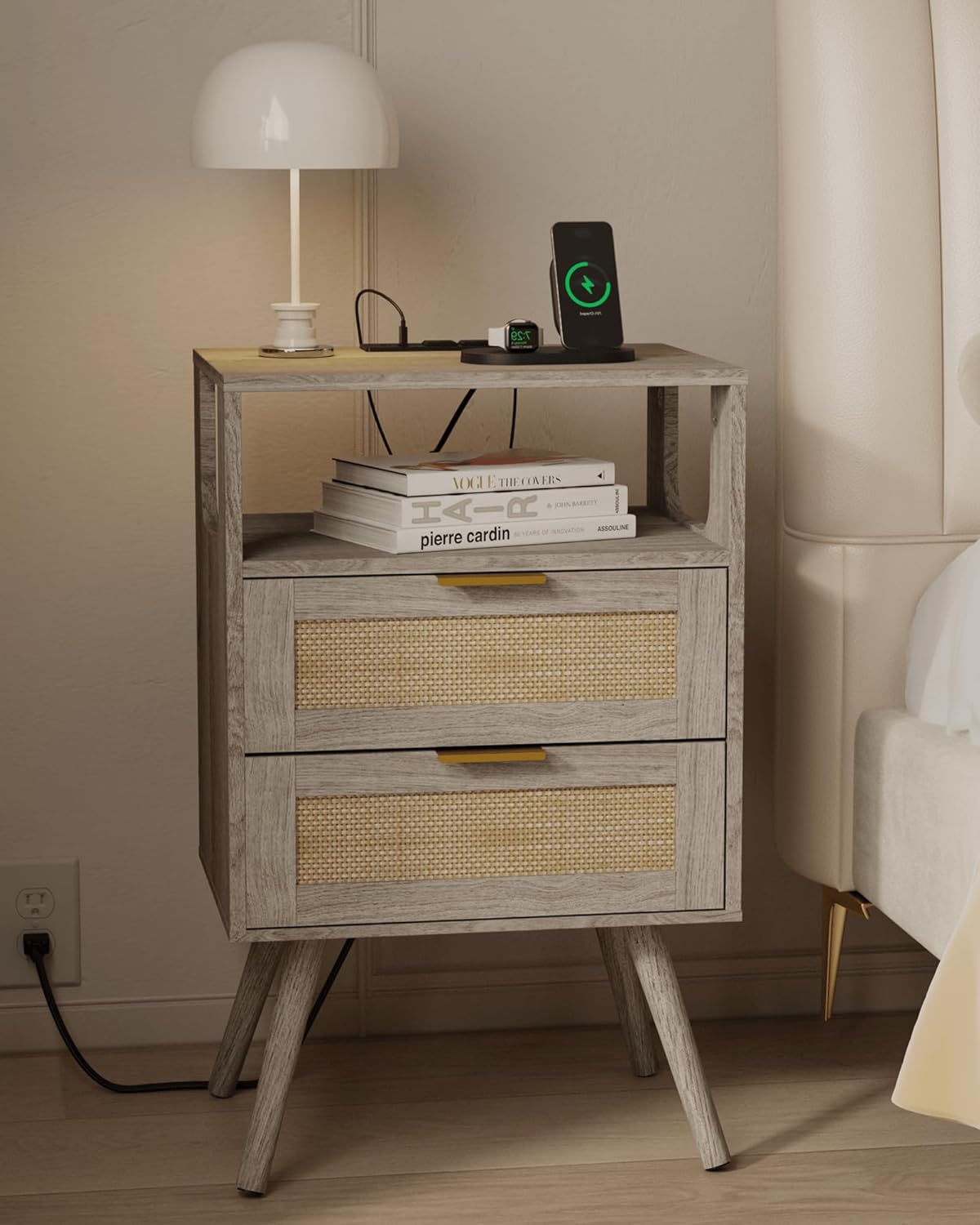 Rattan Nightstand with Charging Station for Small Spaces