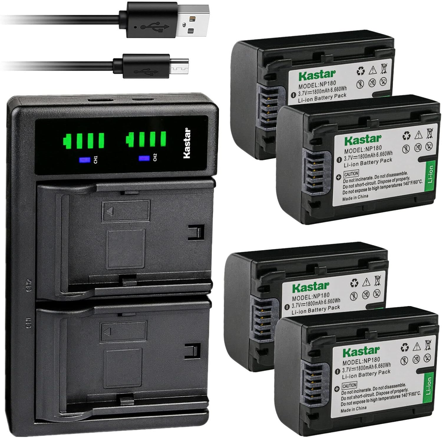 Kastar 4-Pack Battery and USB Charger for Ordro NP-180 Cameras