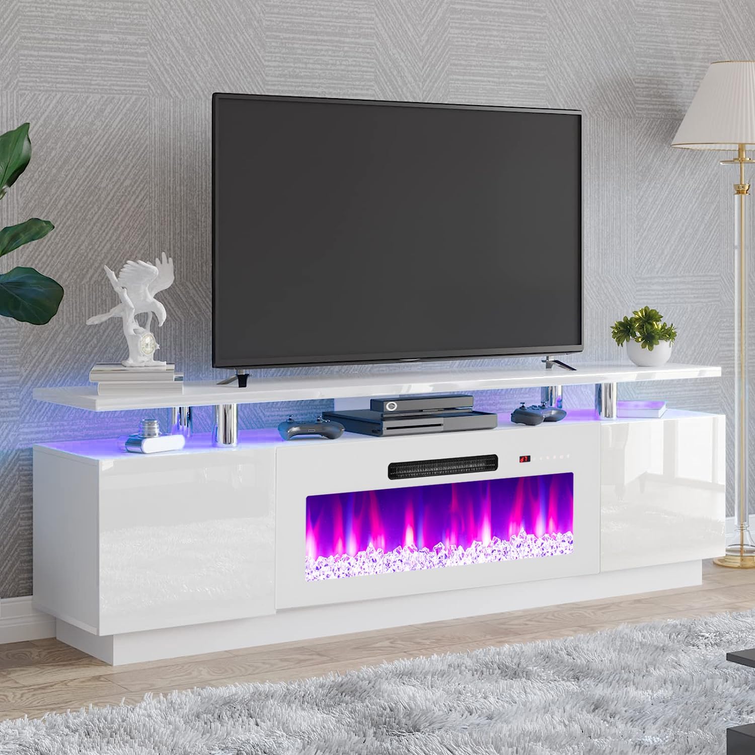 70 High Gloss Fireplace TV Stand with LED Lights