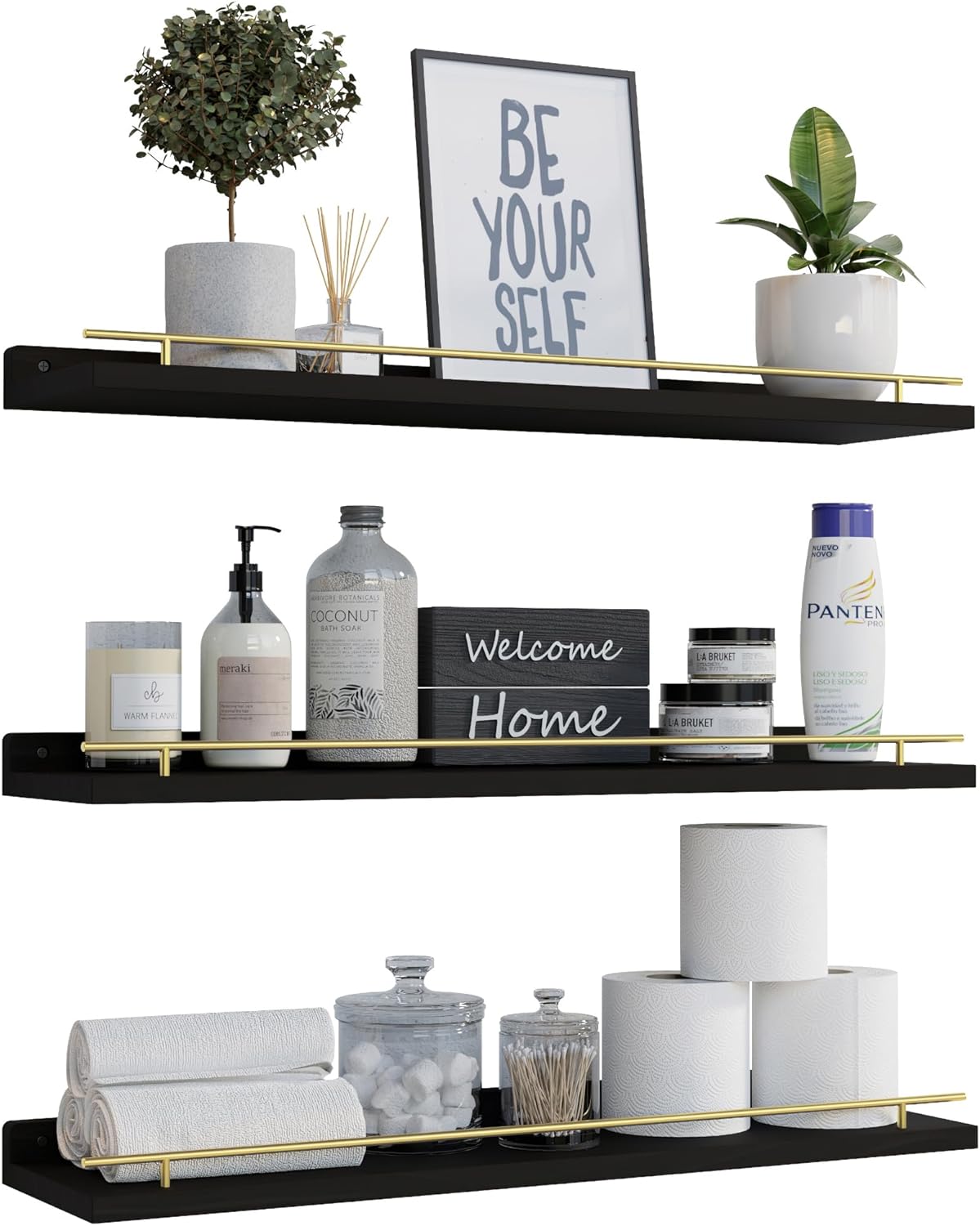 WOPITUES Floating Shelves Set of 3 with Gold Metal Guardrail