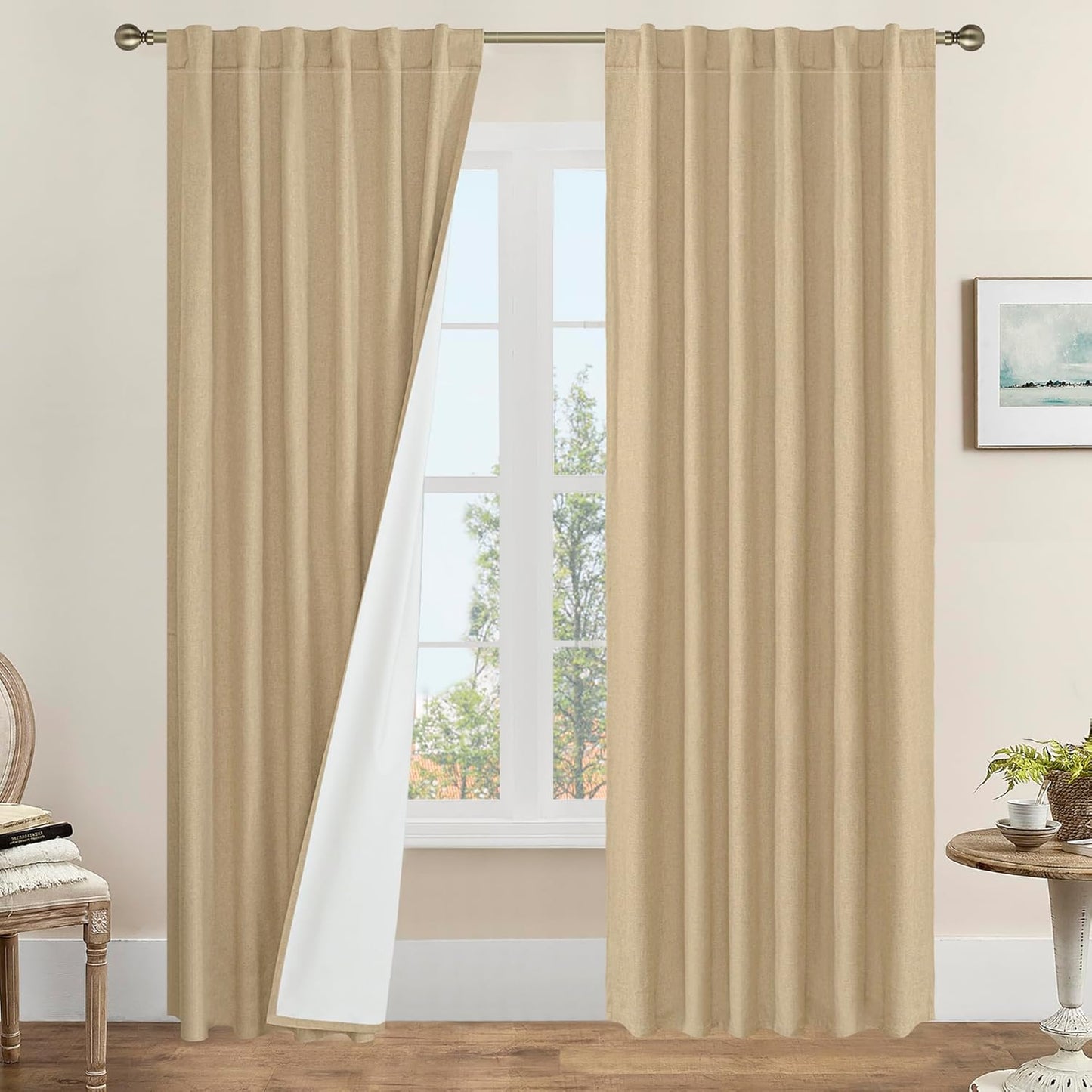 LAMIT Natural 100% Blackout Linen Curtains for Full Room Darkening