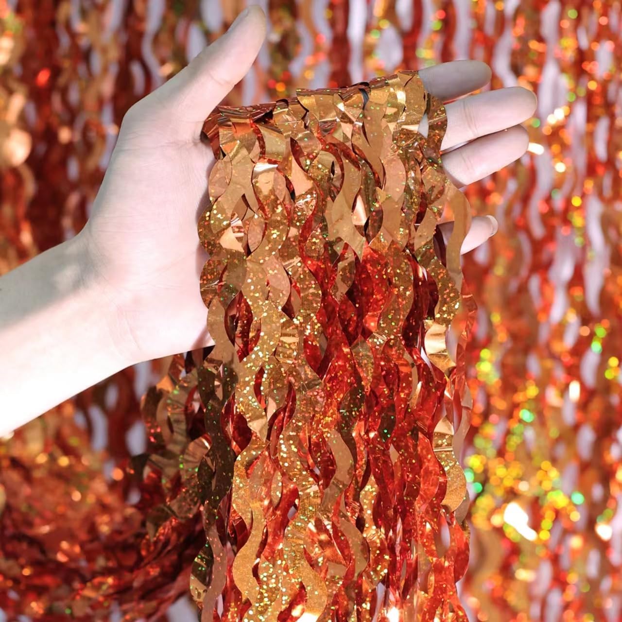 Wavy Orange Foil Curtains - 4 Pack - Halloween, Graduation, Baby Shower - Vibrant Decor