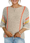 Womens 3/4 Sleeve Striped Lightweight Knit Pullover - Trendy Boho Look