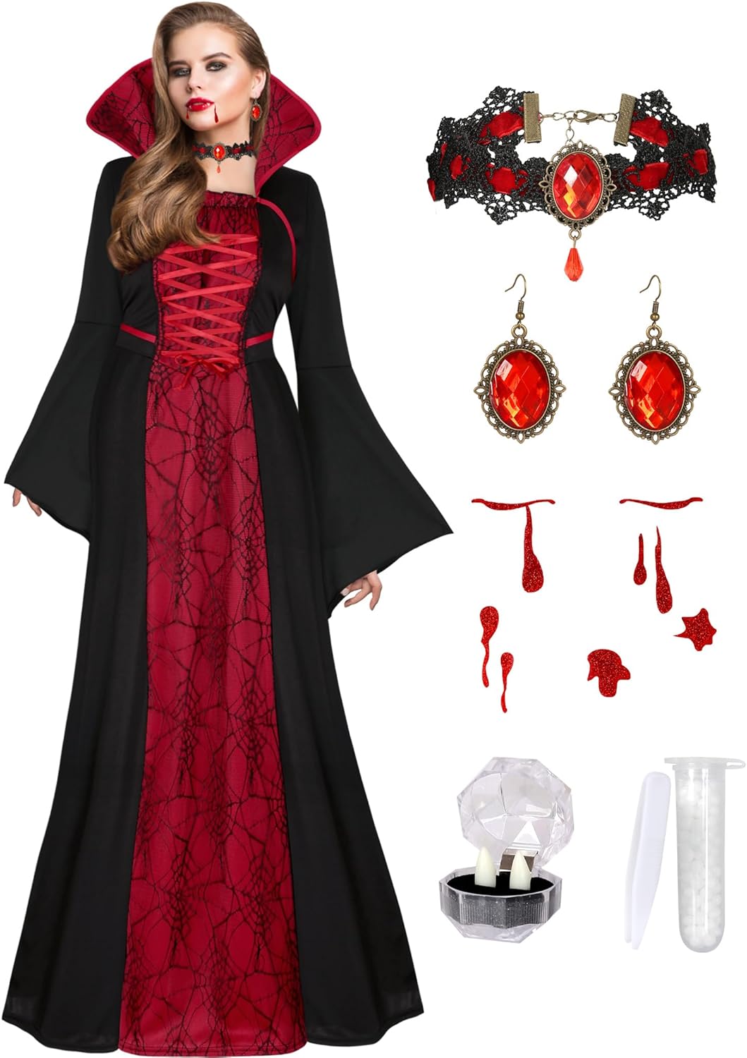 Gothic Vampire Costume for Women with Teeth Accessories