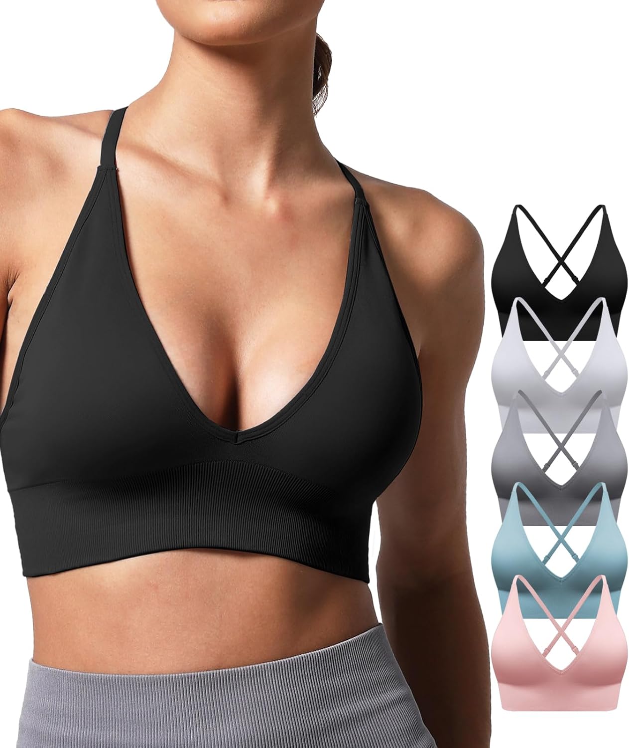 V Neck Adjustable Spaghetti Straps Sports Bra for Women