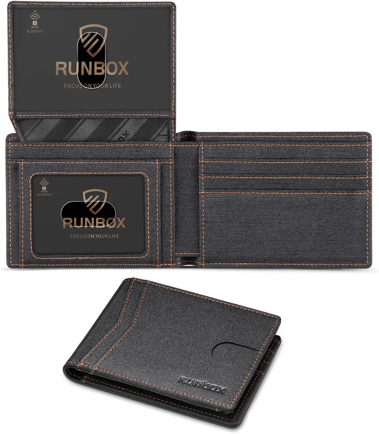 RUNBOX Wallet for Men Slim RFID Leather with 2 ID Windows