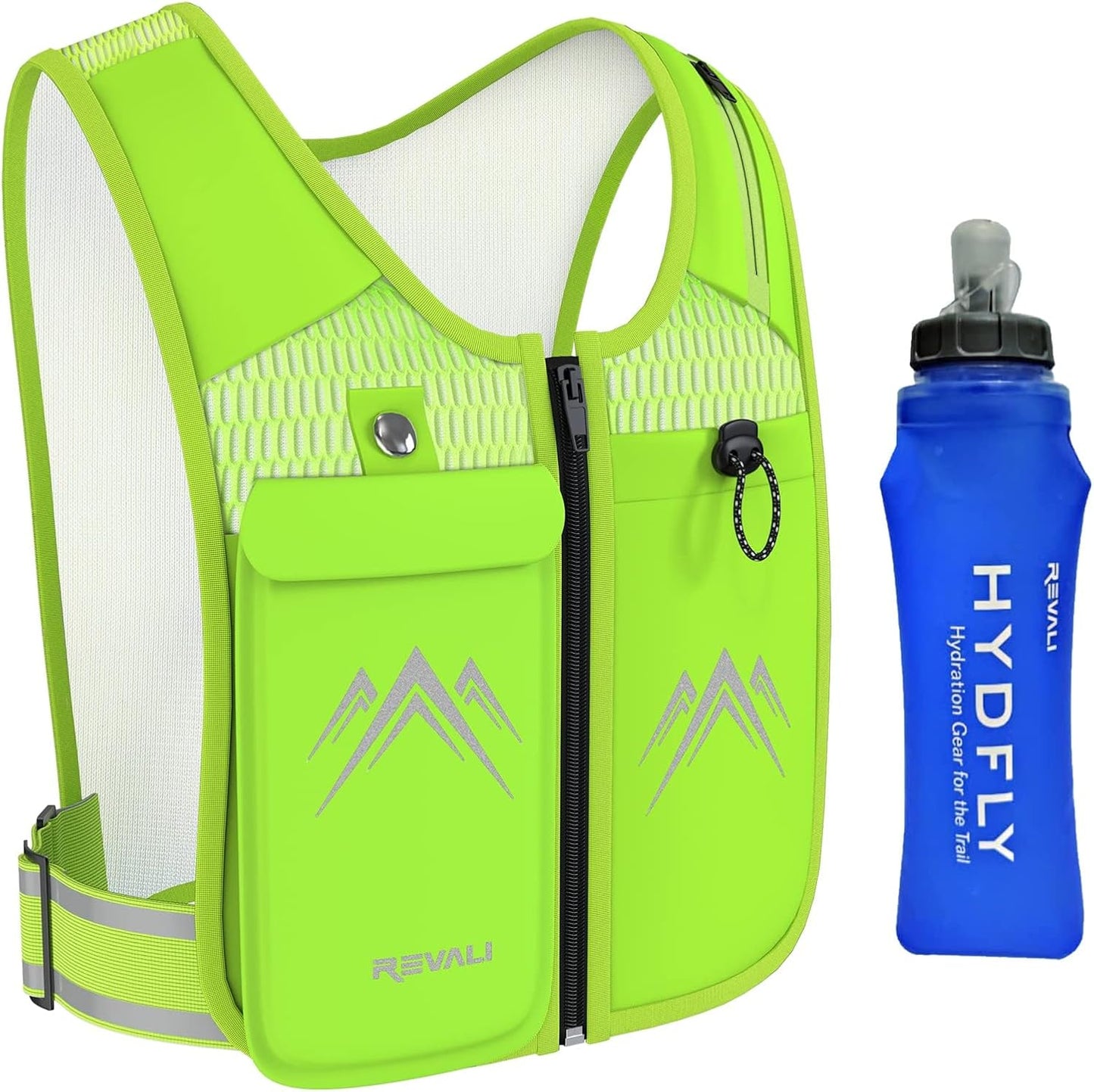 REVALI Reflective Running Vest with Hydration Bottle & Phone Holder