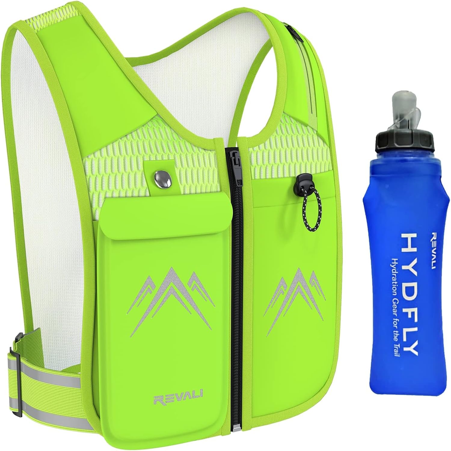 REVALI Reflective Running Vest with Hydration Bottle & Phone Holder