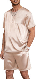 Ekouaer Men Silk Pajamas Set 2 Piece Pjs - Soft Satin Sleepwear Shorts