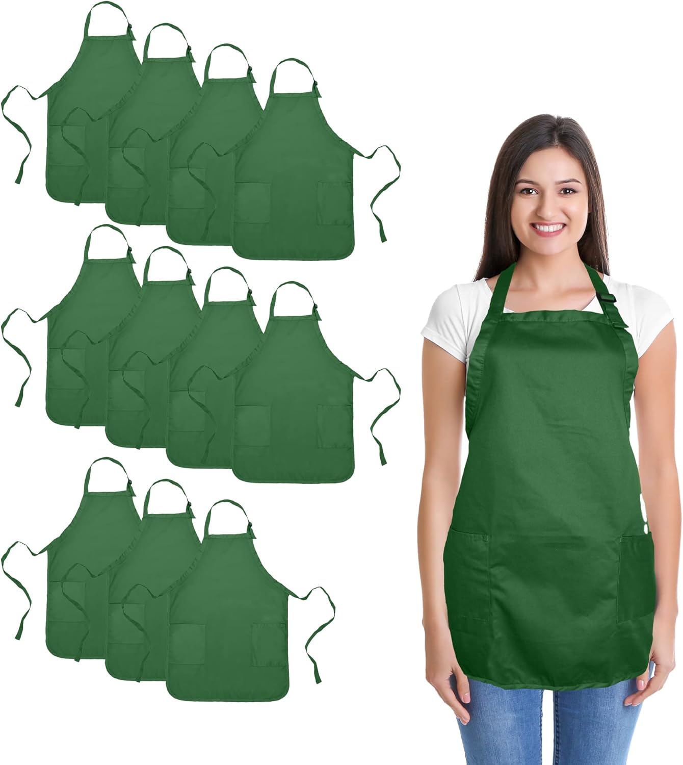 Commercial Kitchen Aprons with 2 Pockets - 12 Pack in Dark Green