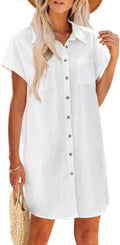 Women's Cotton Button Down Short Sleeve Mini Dress - Casual Flowy V
