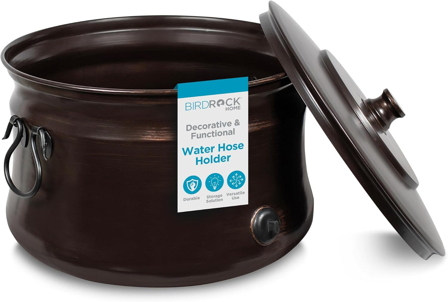 BIRDROCK HOME Decorative Metal Pot for Garden Hose Storage