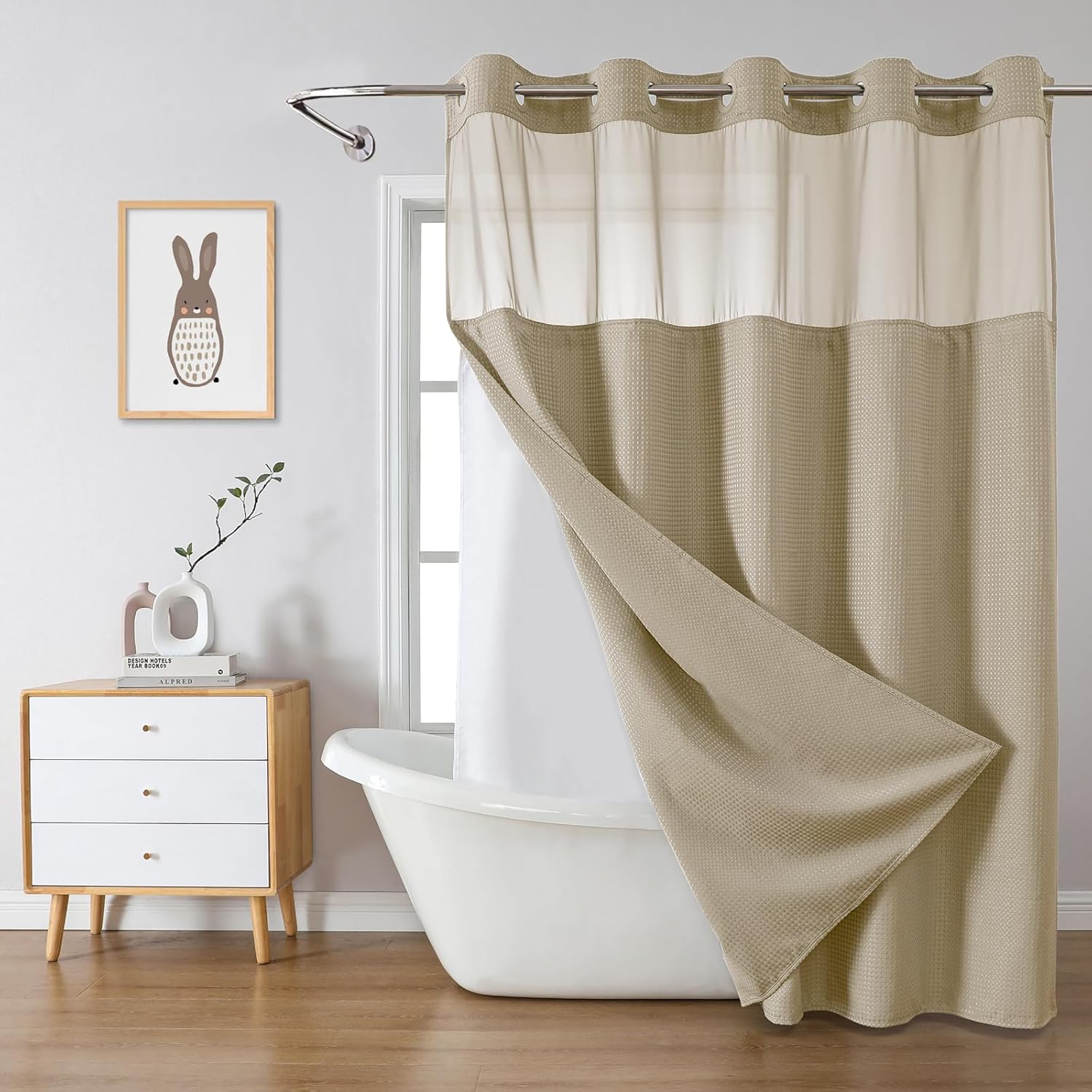 Khaki No Hook Waffle Weave Shower Curtain with Snap-In Liner