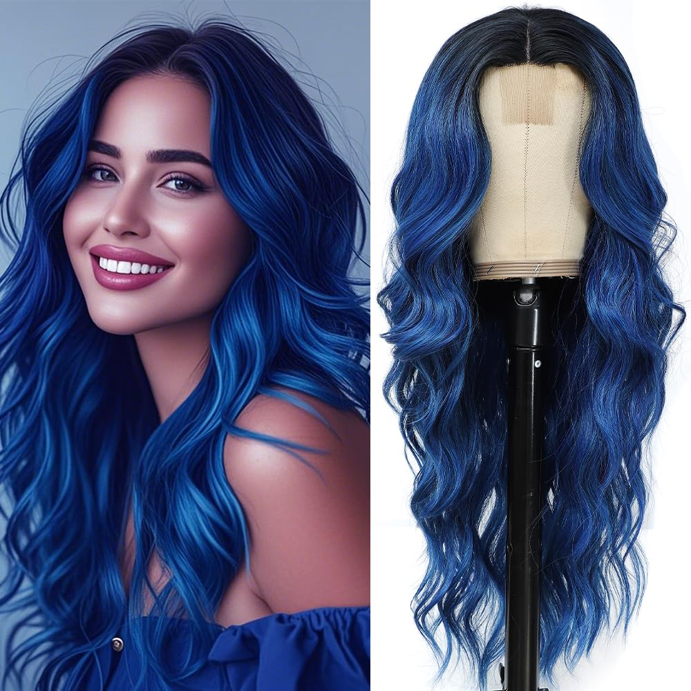 Long Blue Wavy Wigs for Women - Ombre Curly Hair Replacement