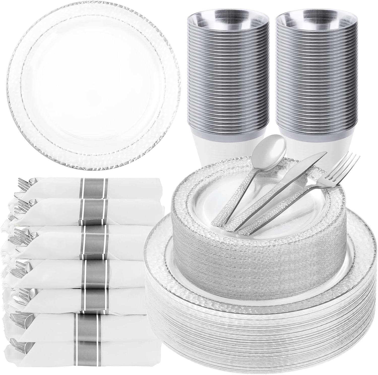 350PCS Clear Plastic Plates with Silver Trim for Elegant Events