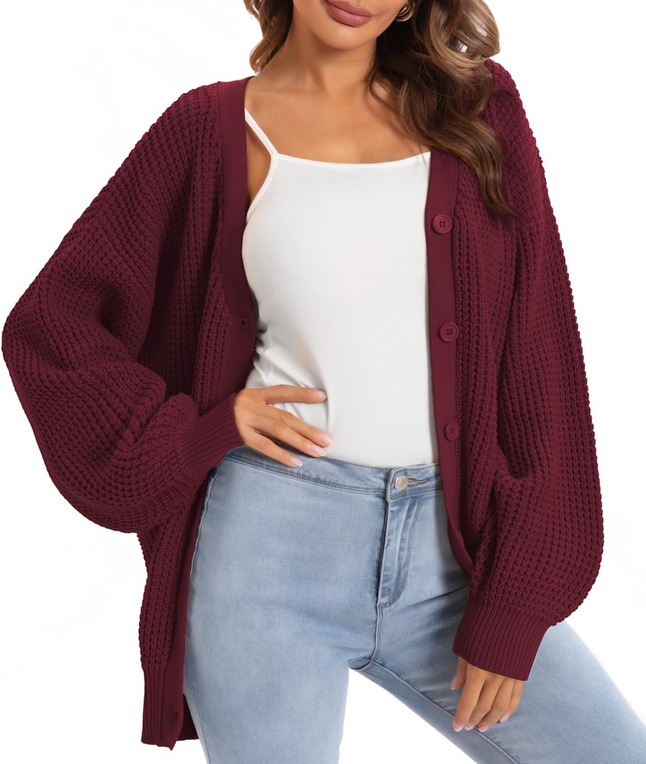 QUALFORT Cardigan Sweaters for Women - 100% Cotton Oversized Knit