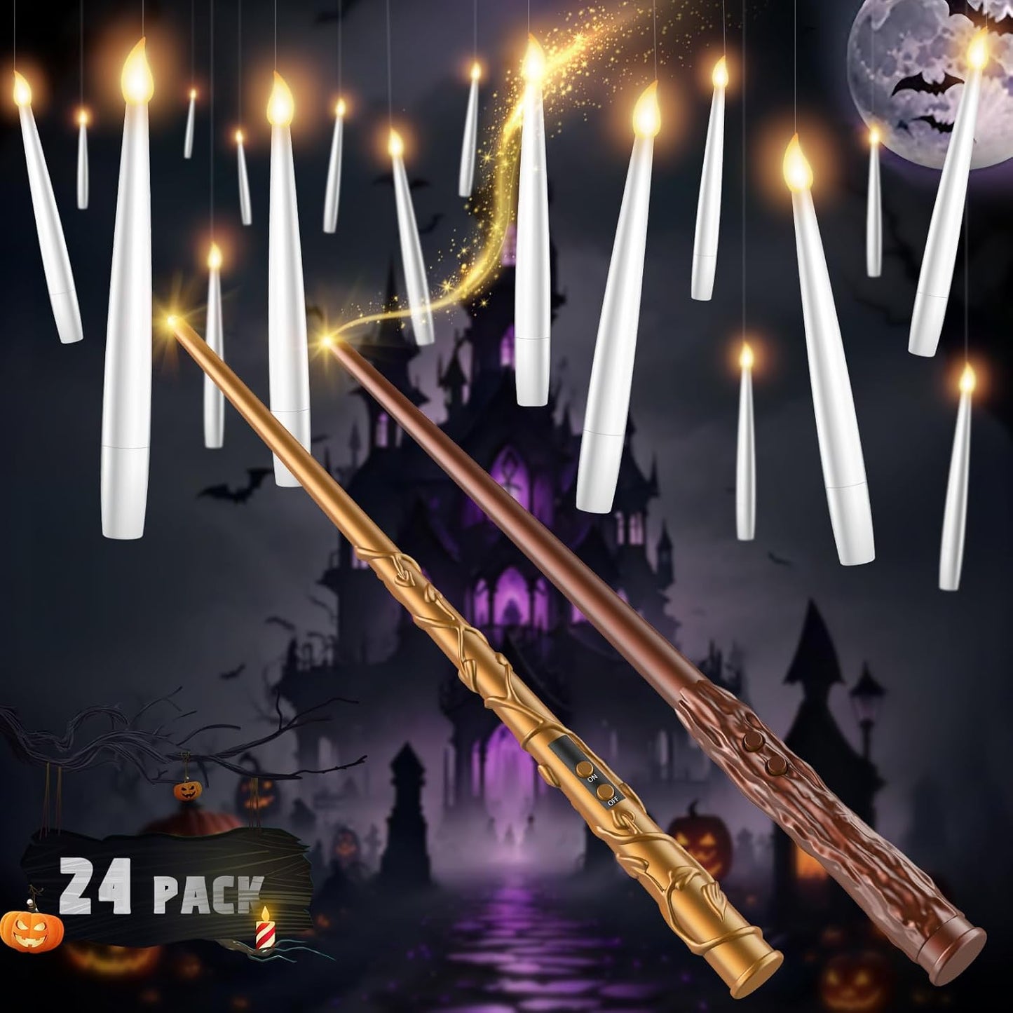 Floating Candles with Wand - 24 Pack for Halloween Decor
