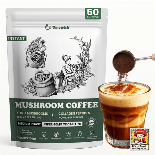 UMEWISH Mushroom Coffee Instant with Marine Collagen for Energy