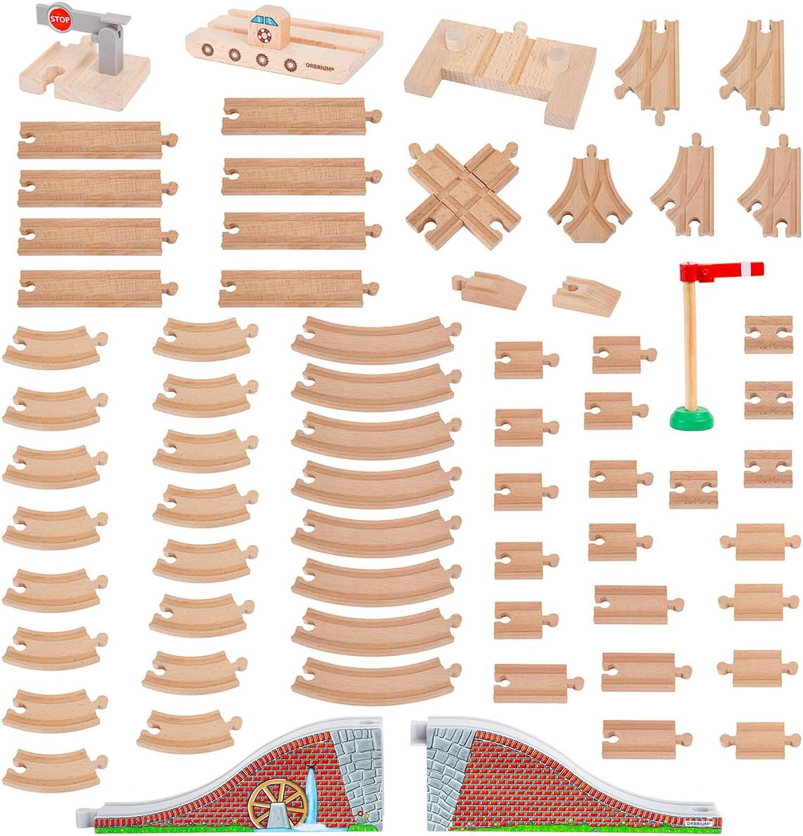 Wooden Train Tracks Expansion Pack with Arched Bridge and More