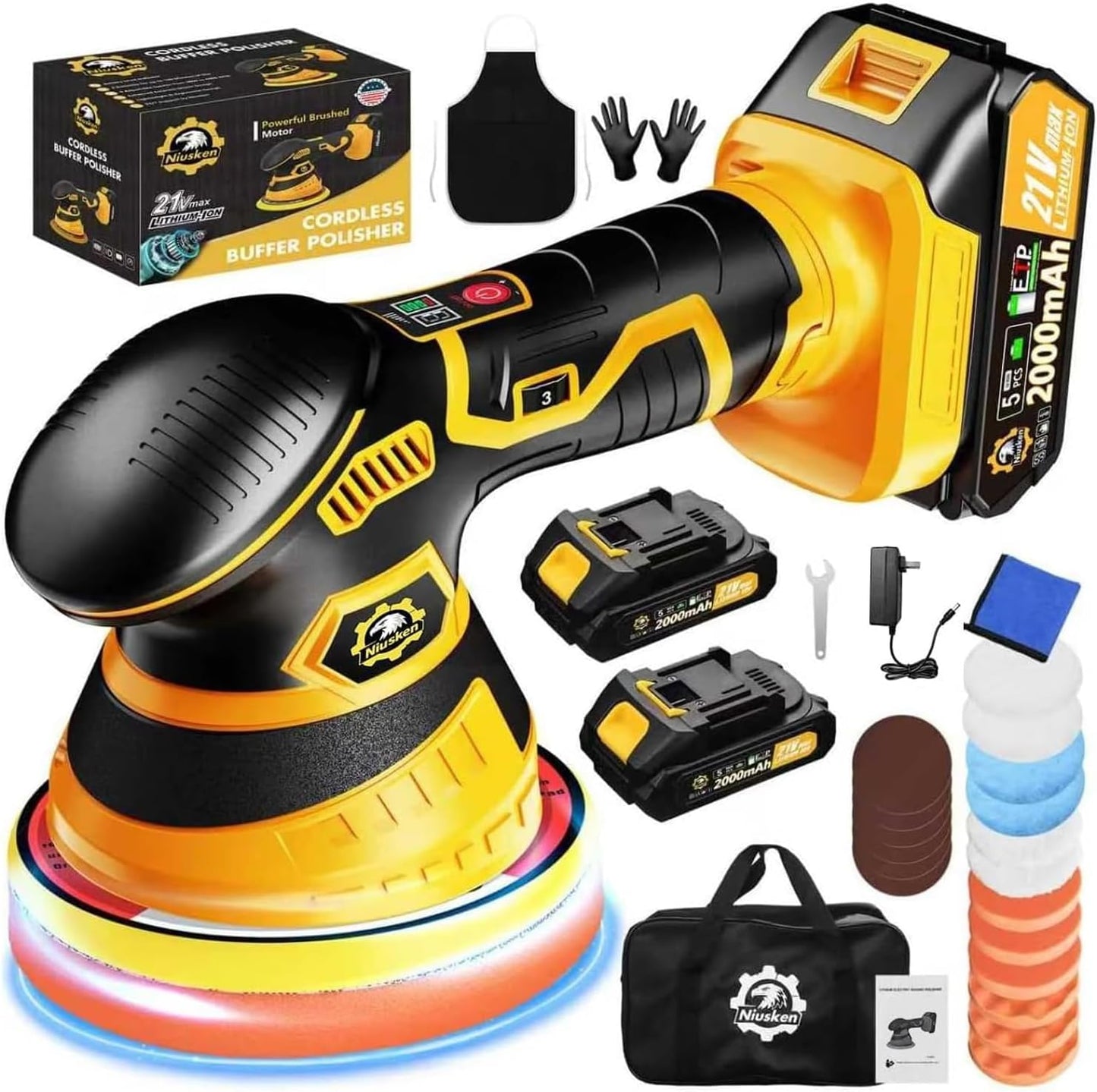 Cordless Car Buffer Polisher Kit with 2 Batteries and 18 Attachments