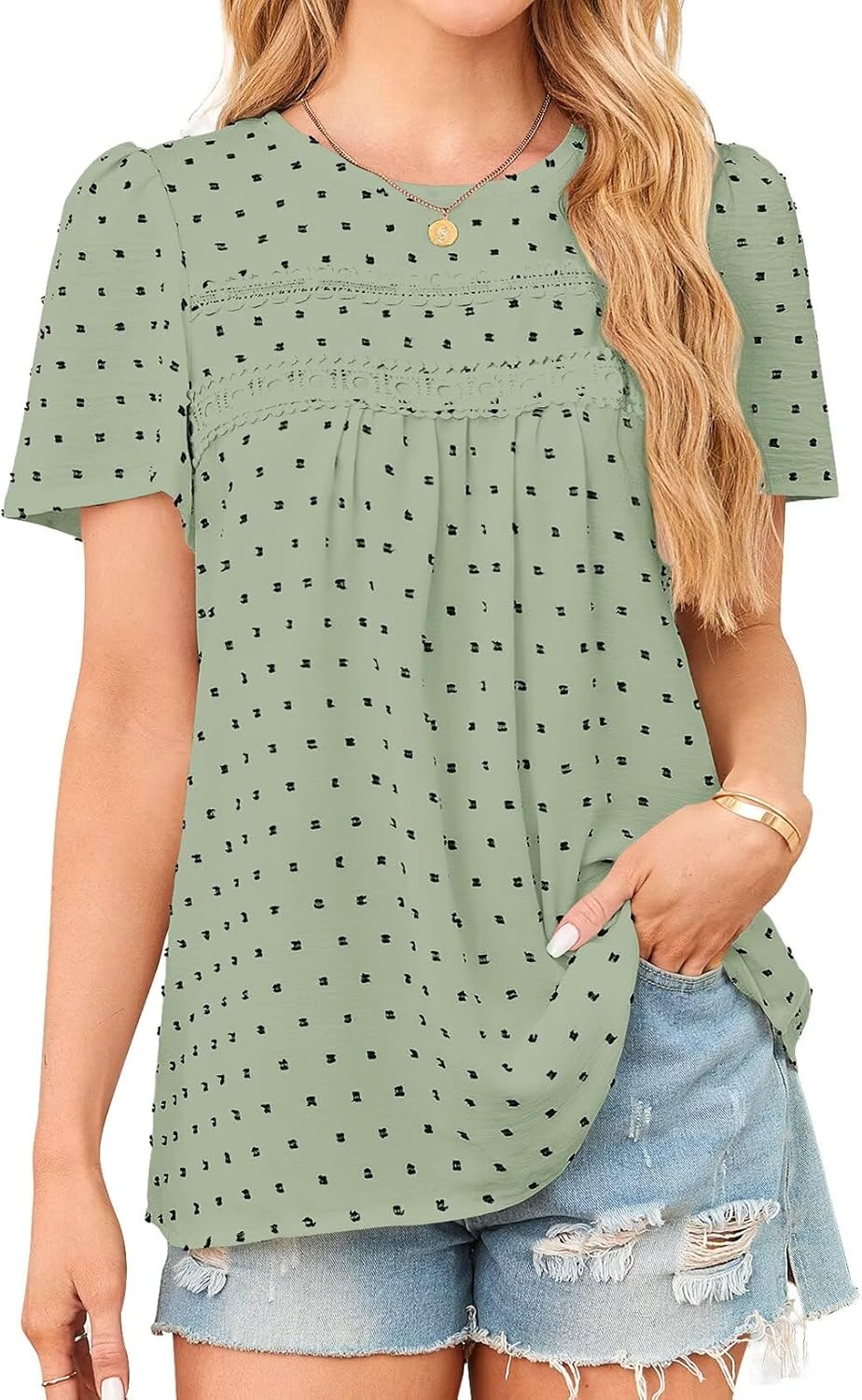 Womens Summer Tops Crewneck Short Sleeve Casual Chiffon Blouses