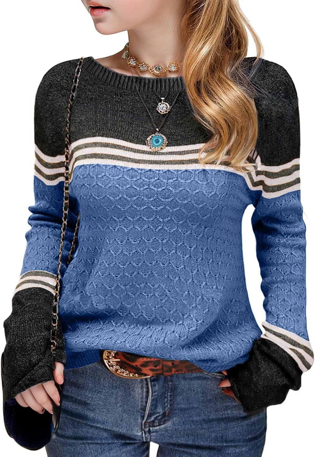 Girls Fall Sweaters Long Sleeve Round Neck Color Block Tops